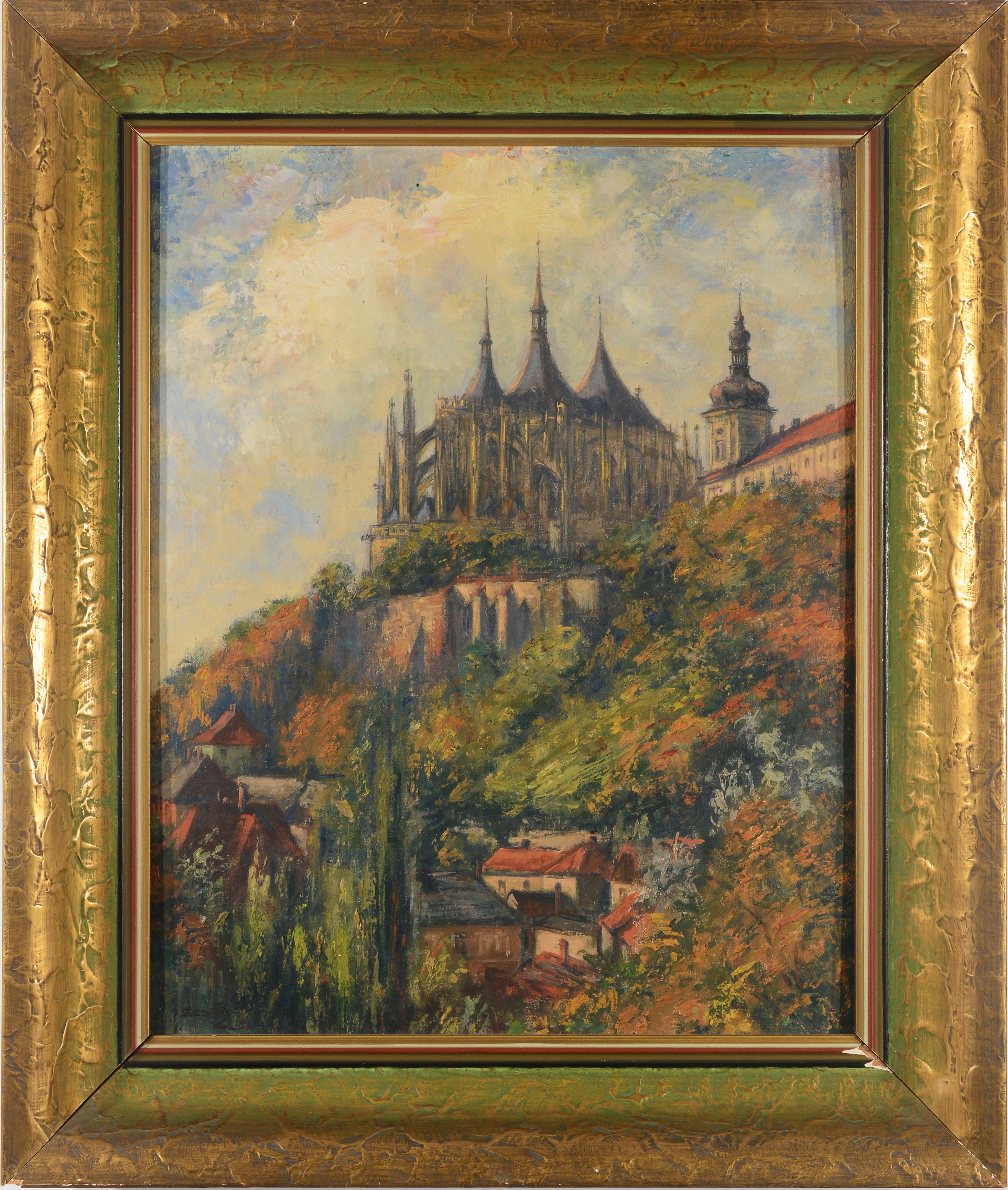 Artwork by Josef Sedivy, AUTUMN UNDER THE CHURCH OF ST. BARBORA IN KUTNÁ HORA, Made of Oil on board