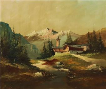 MOUNTAIN LANDSCAPE OIL PAINTING - T. Mari