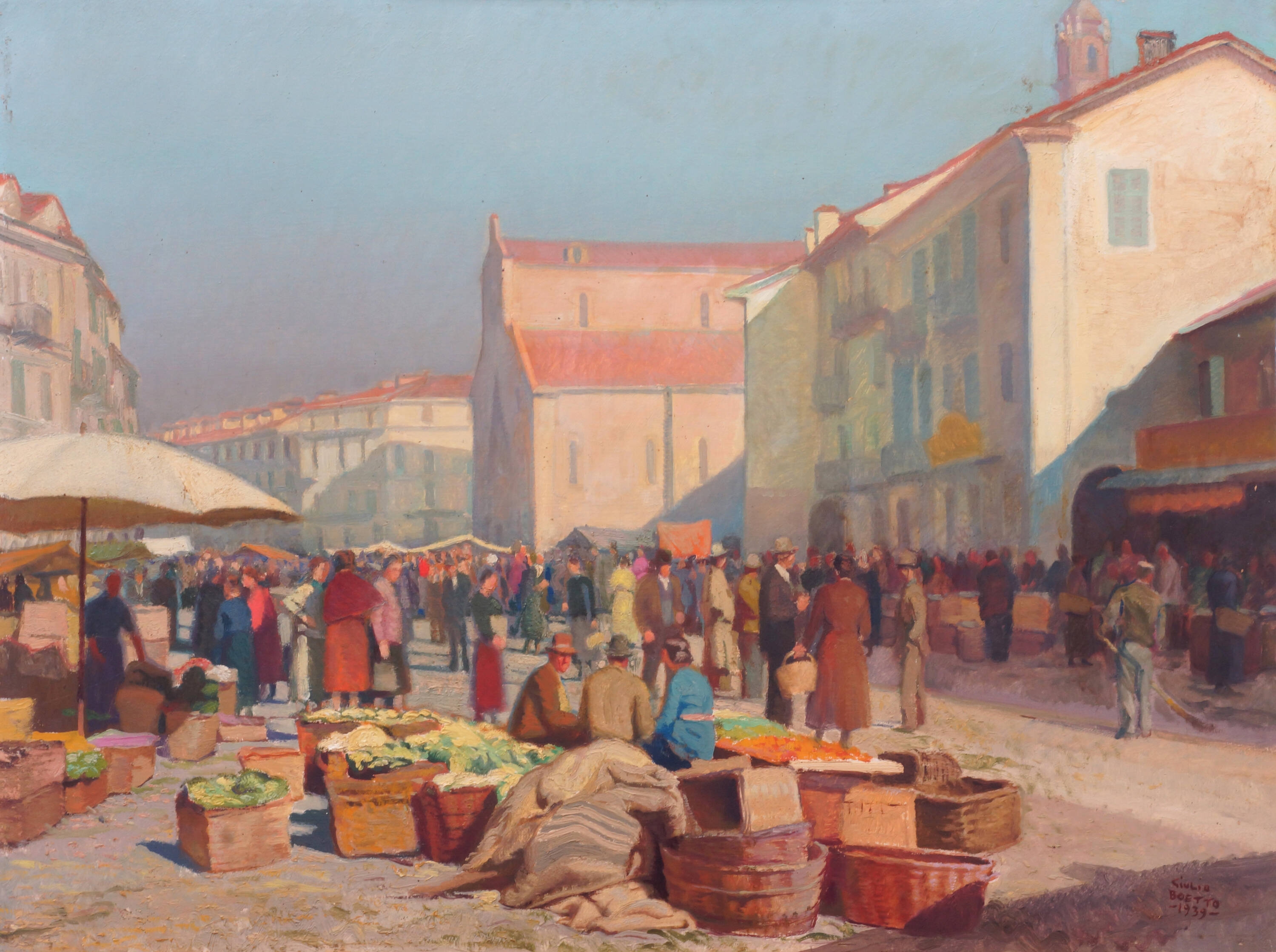 Artwork by Giulio Boetto, Mercato a Saluzzo, Made of oil on panel