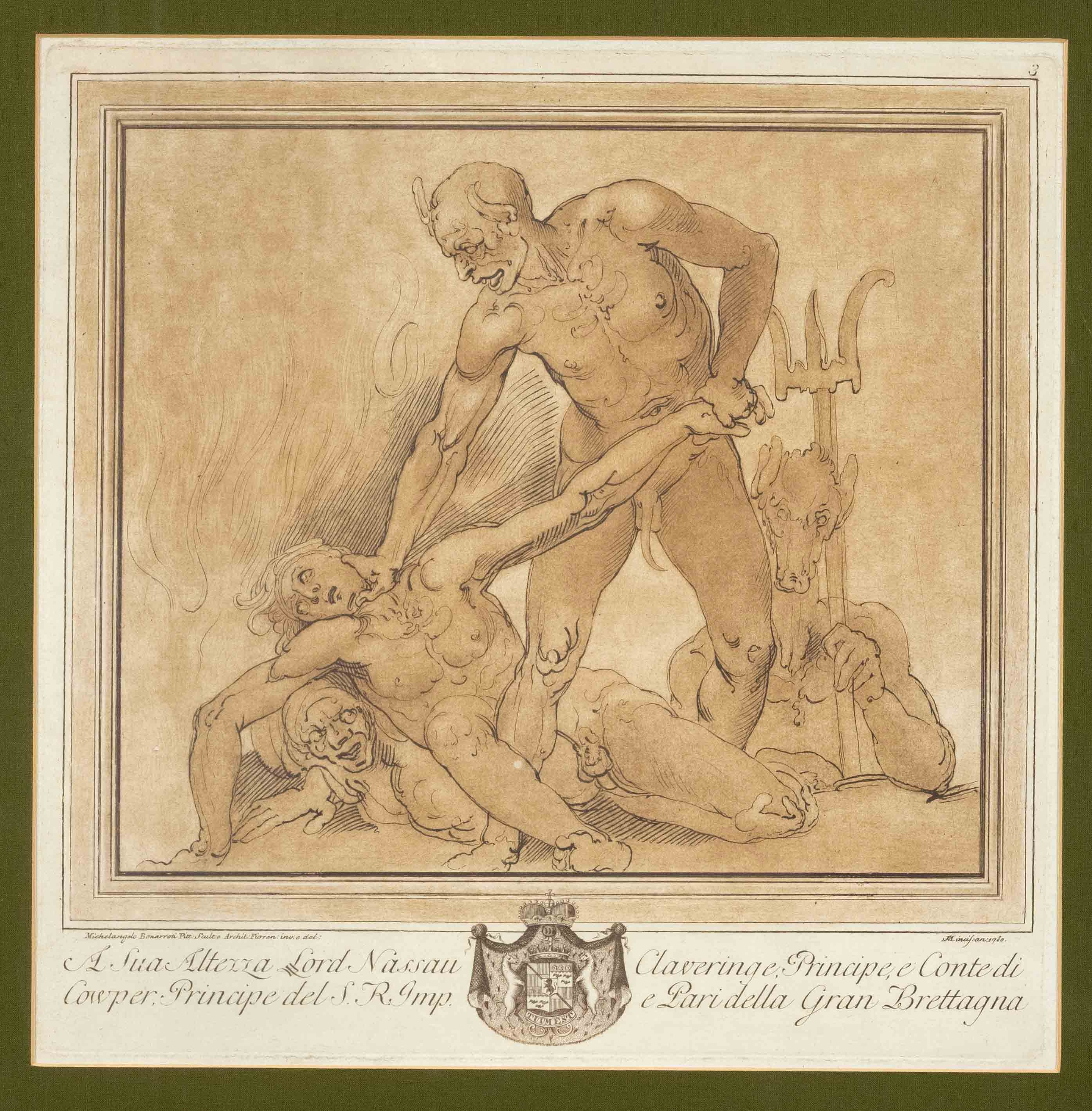 Artwork by Stefano Mulinari, The Punishment of the Damned after the Fall of Hell, Made of etching with sulfur clay, printed in brown on textured paper