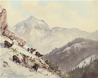 Gemsen in winterlicher Gebirgslandschaft - Karl Hellmut Snethlage
