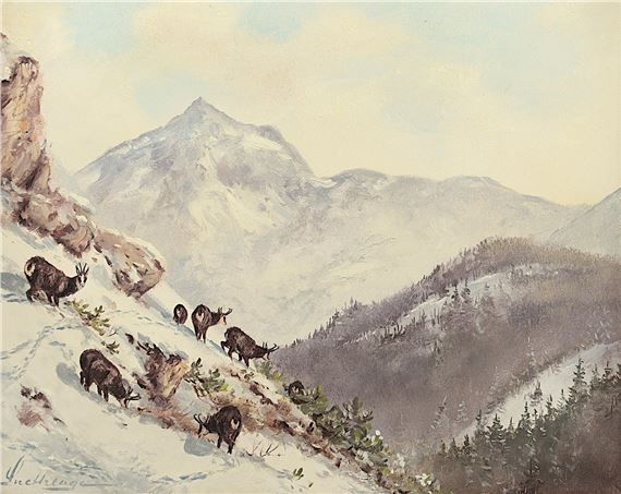Gemsen in winterlicher Gebirgslandschaft by Karl Hellmut Snethlage