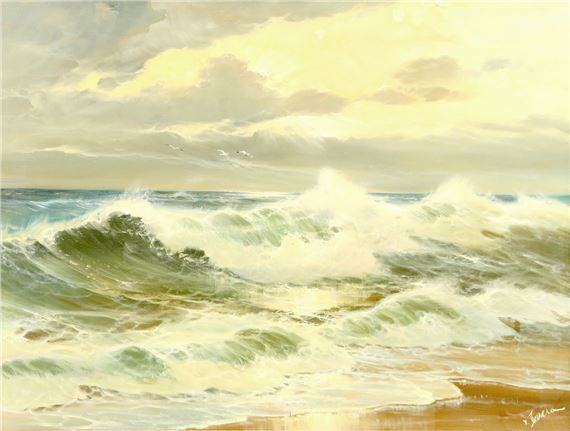 Küstenstreifen mit Brandung.- In stimmungsvollem Lichtspiel die sich brechenden Wellen by Endre von Derera