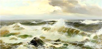 Brandung bei aufziehendem Gewitter.- In stimmungsvollem Lichtspiel die sich brechenden Wellen - Endre von Derera