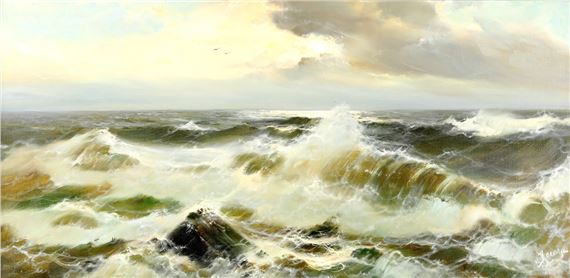 Brandung bei aufziehendem Gewitter.- In stimmungsvollem Lichtspiel die sich brechenden Wellen by Endre von Derera