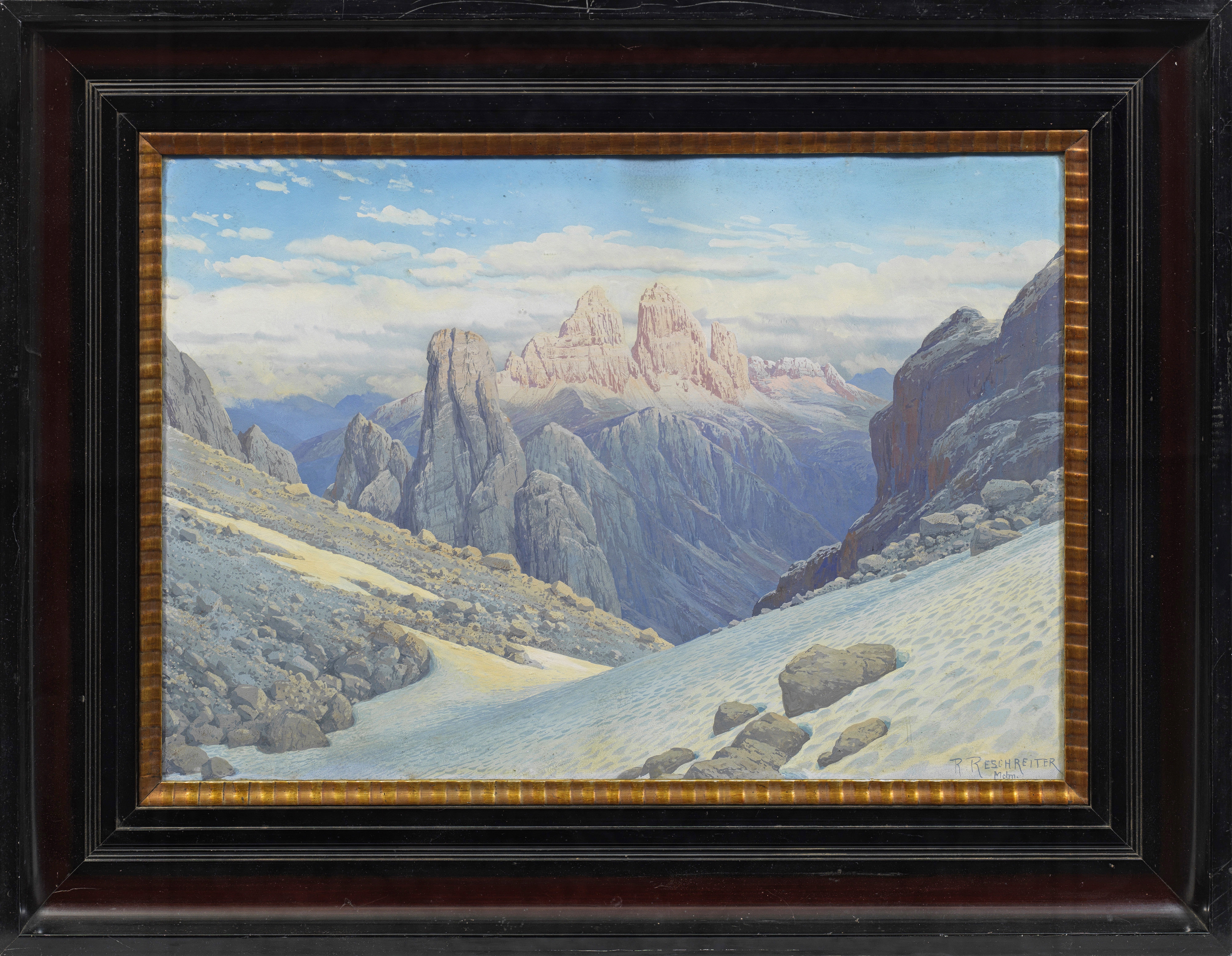Artwork by Rudolf Reschreiter, Drei Zinnen in den Dolomiten, Made of Gouache on cardboard