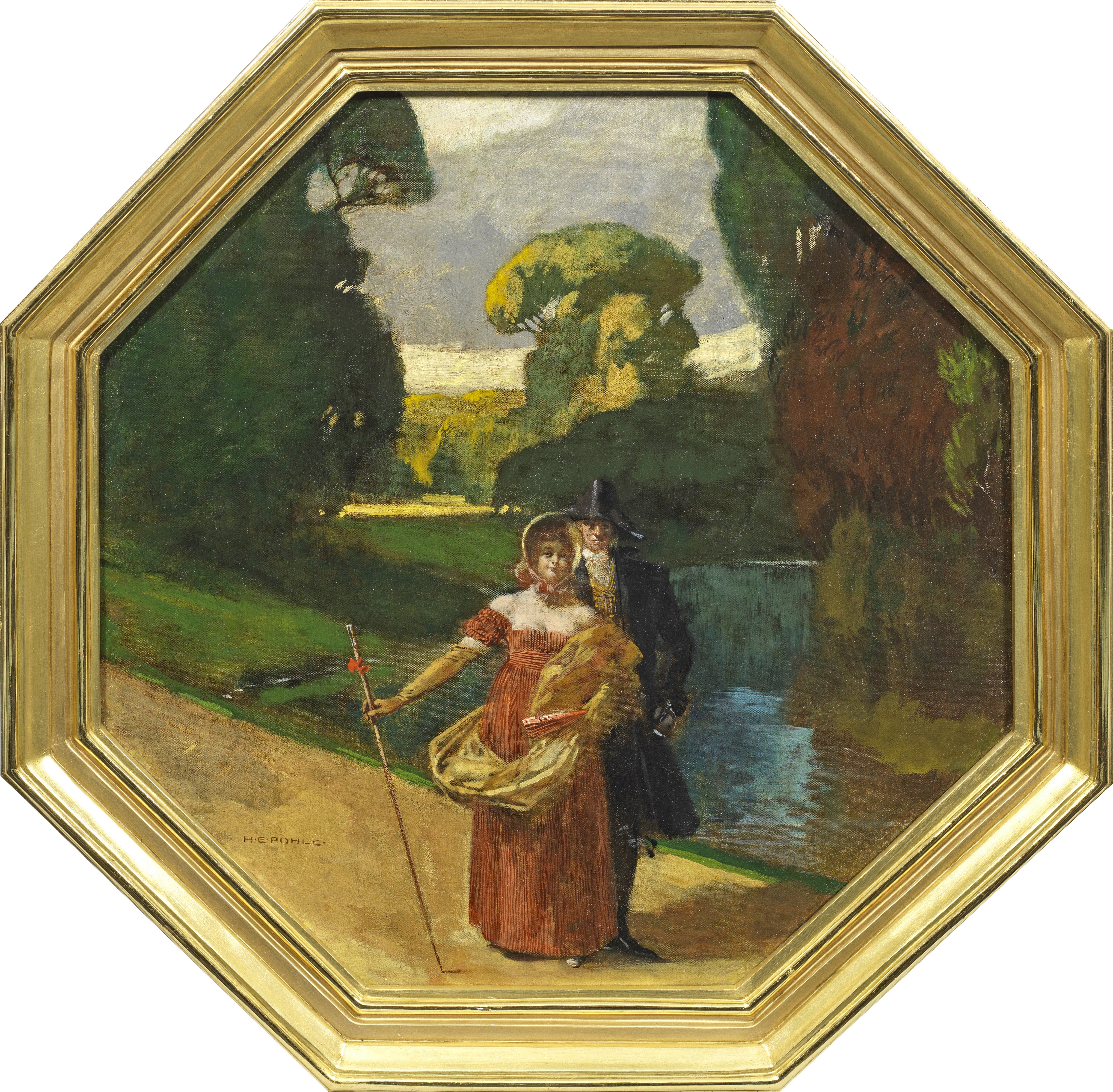 Artwork by Hermann Emil Pohle, Elegantes Biedermeier-Paar im Park, Made of Oil on canvas