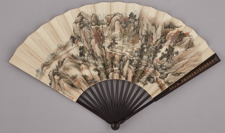 Artwork by Dong Bangda, Peng Yuanrui, Jingyan Qianxiu, Regular Script Imperial Appreciation Juyi Poems, Made of Ink and color on paper into a fan