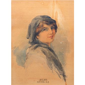 A watercolor portrait of a woman in profile, looking back over her shoulder with a soft smile.