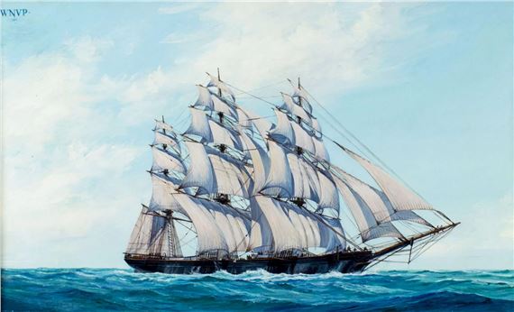 A majestic sailing ship with full sails navigating through choppy blue waters under a cloudy sky.