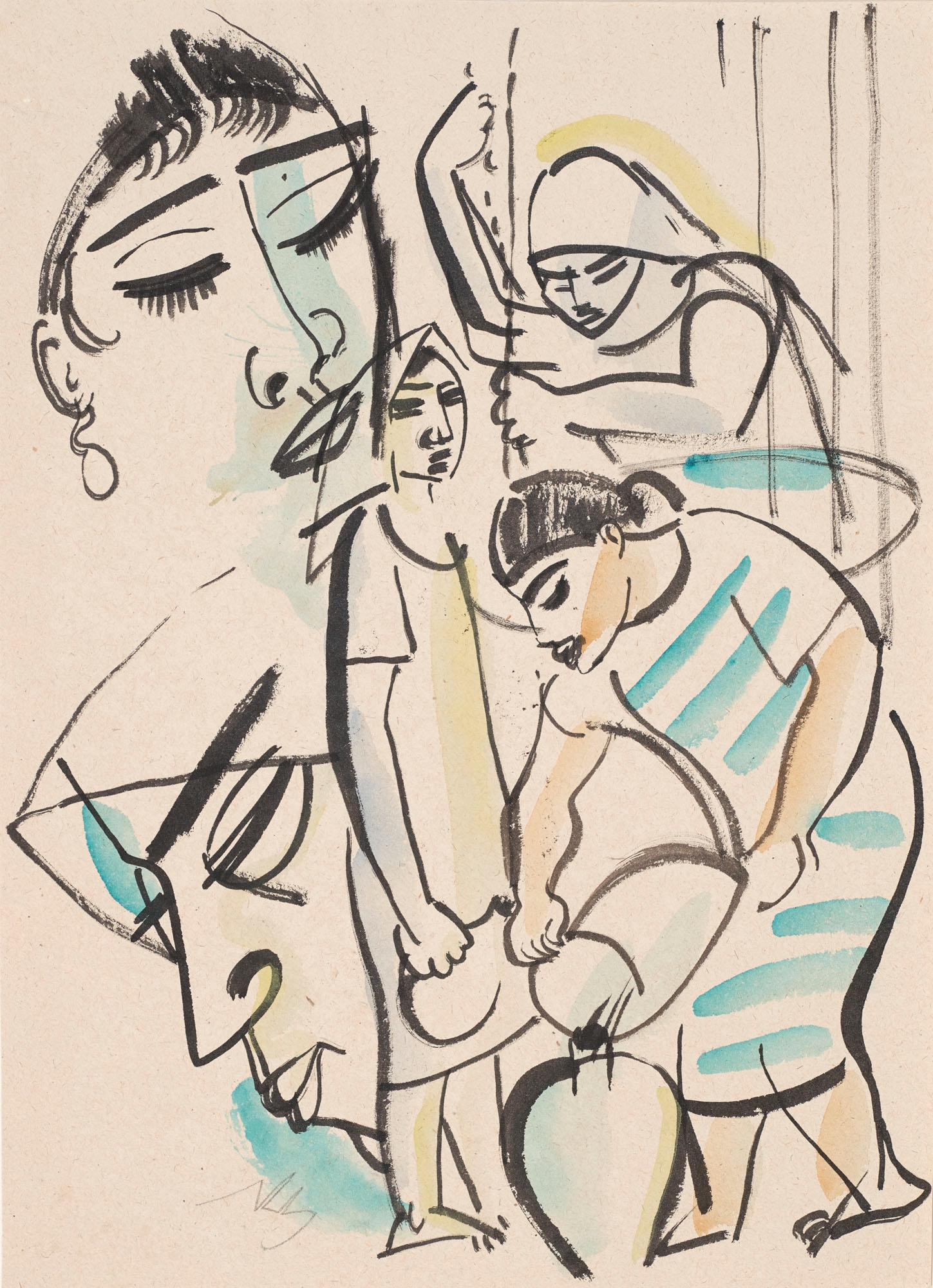 Artwork by Richard Ziegler, Frauen mit Tonkrügen, Made of Watercolour on chamois-coloured paper