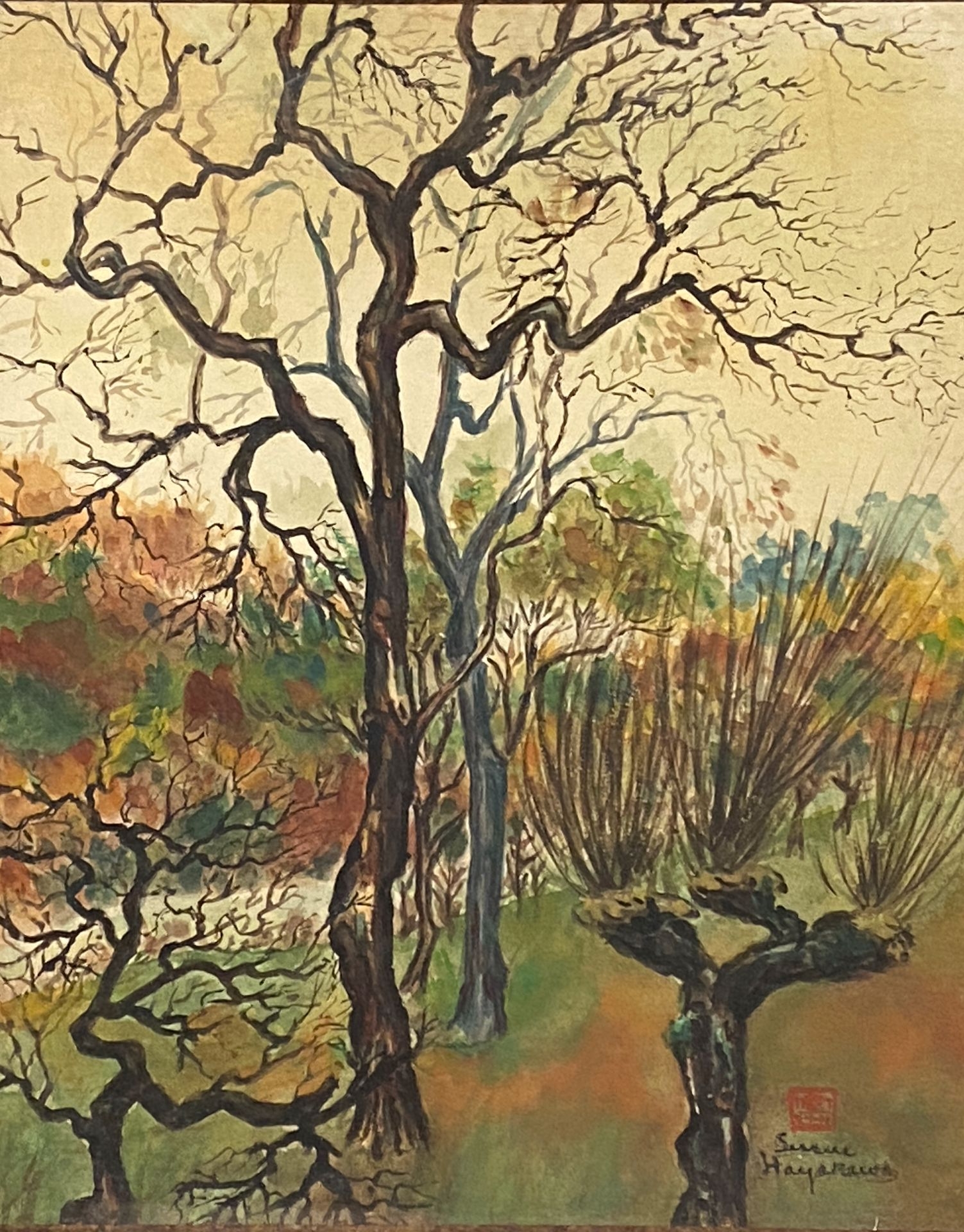 Artwork by Sessue Mayakawa, Landscape with trees in winter, Made of Watercolor