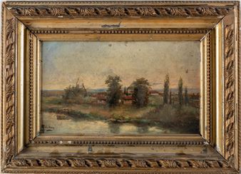 Paisaje de pueblo con río - Manuel Galíndez y Bermejillo