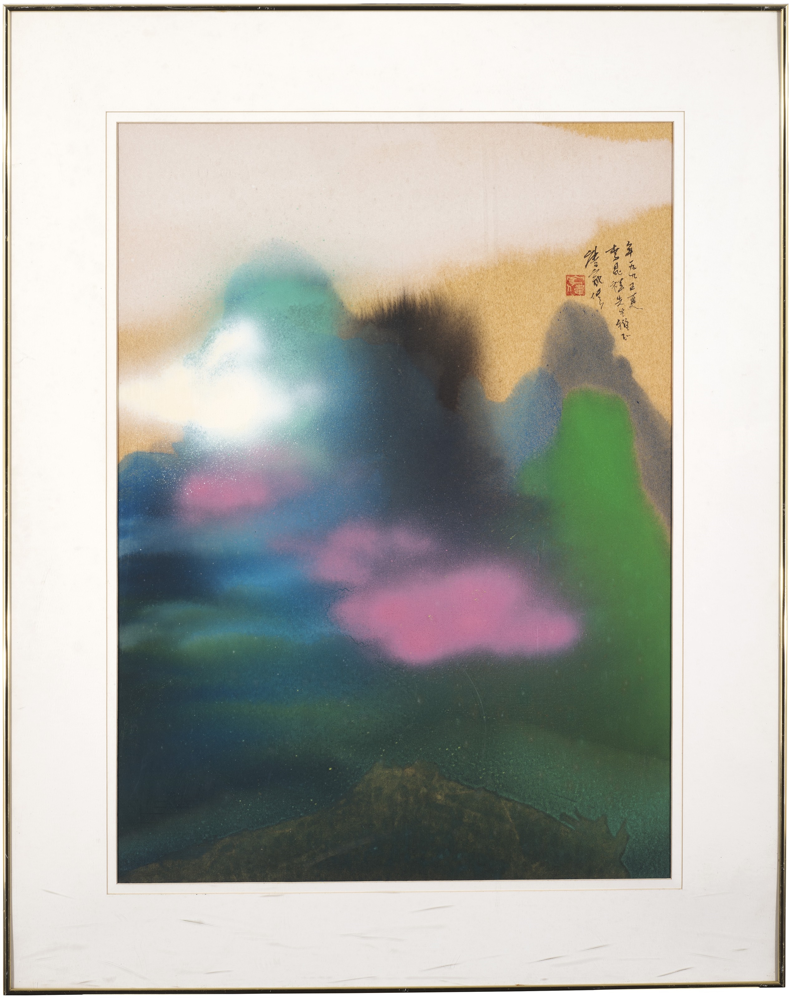 Artwork by Wesley Tongson, Splashed-colour Landscape, Made of Scroll, mounted on cardboard and framed, ink and colour on gold paper