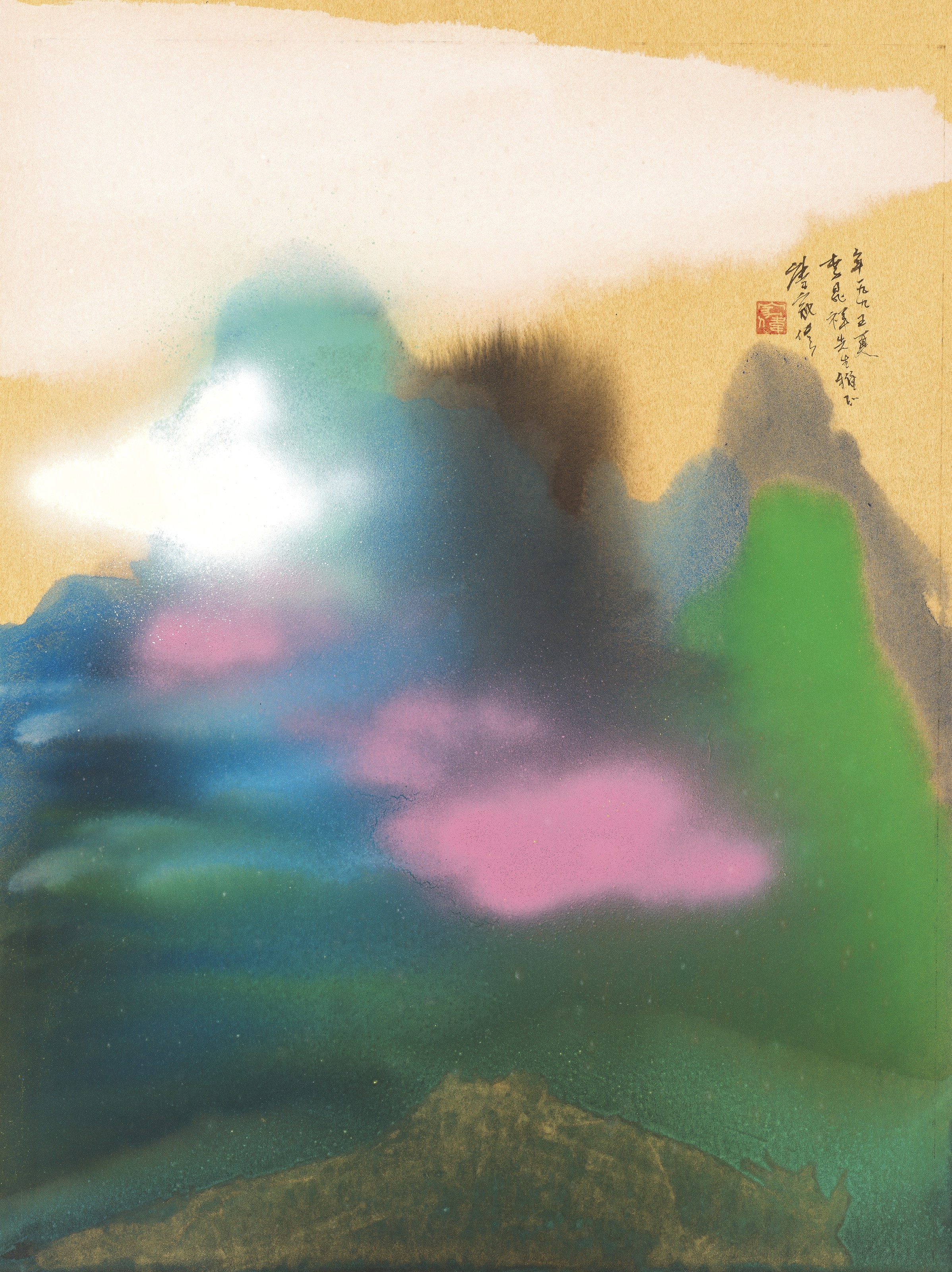 Artwork by Wesley Tongson, Splashed-colour Landscape, Made of Scroll, mounted on cardboard and framed, ink and colour on gold paper