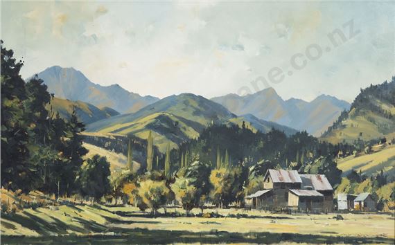 A pastoral landscape painting featuring a rustic barn nestled among rolling hills and distant mountains.