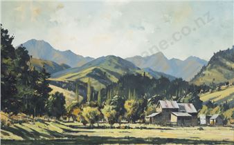 A pastoral landscape painting featuring a rustic barn nestled among rolling hills and distant mountains.