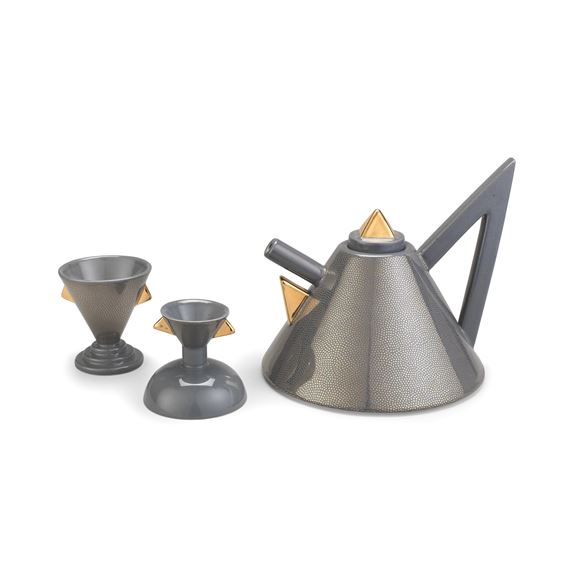 Nefertiti' teapot, cup, and egg cup by Matteo Thun, designed 1981