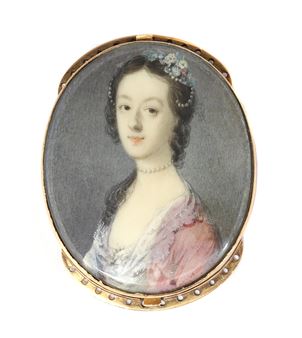 Portrait of a lady in a rose-coloured dress lace chemise and pearl necklace with pearls and flowers in her hair c.1765 - Luke Sullivan