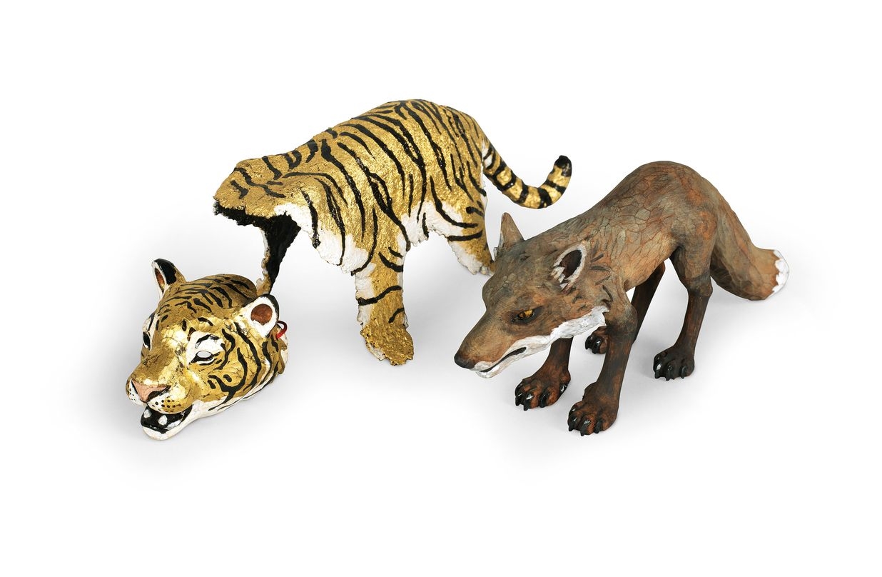 Artwork by Toshiro Baba, Fox and Tiger, Made of Wood, lacquer, gold leaf