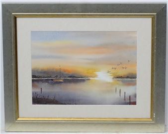 A sunset scene of a lake with a boat and ducks flying - C. H. Bigant