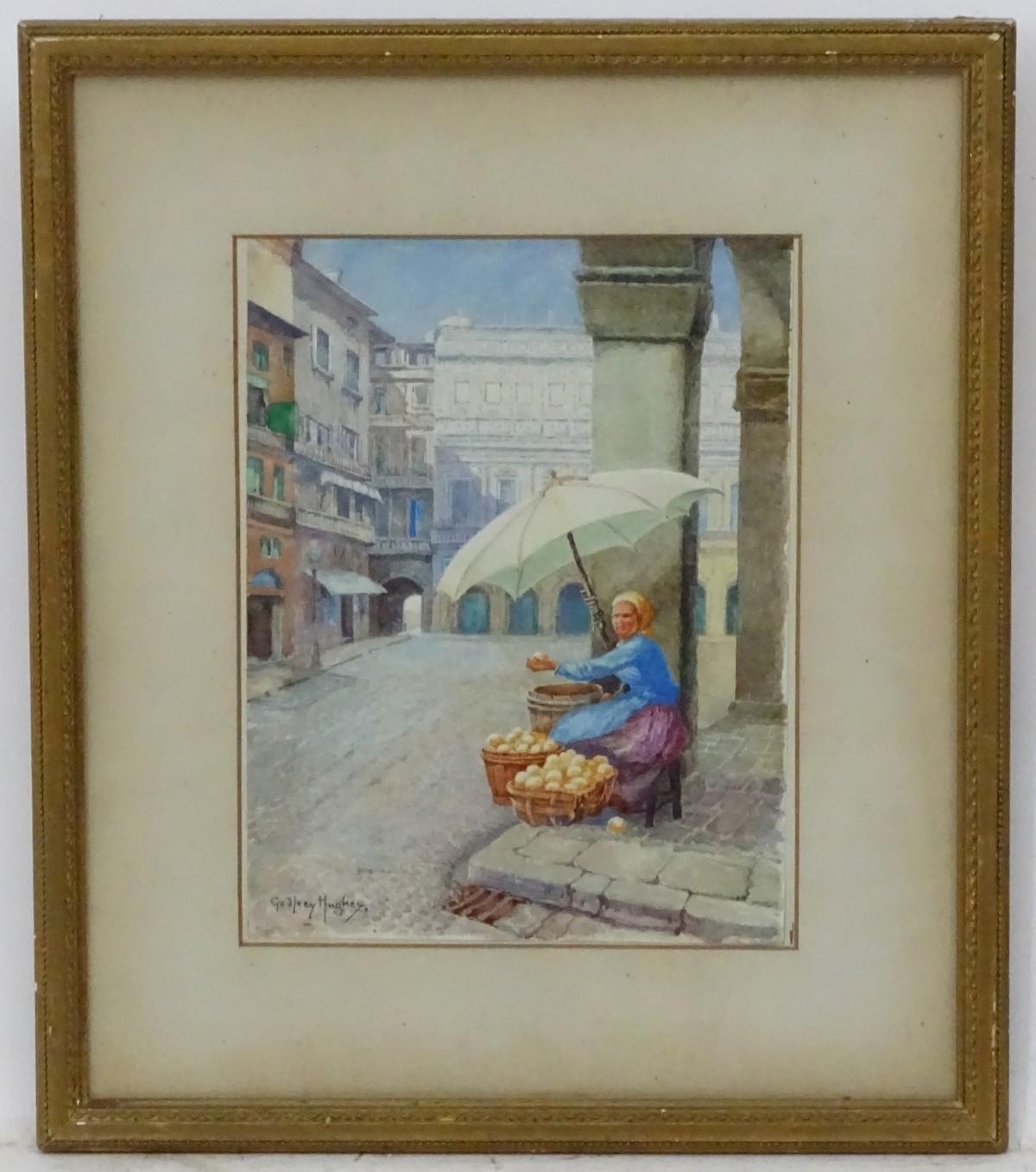 Artwork by Godfrey Hughes, The Continental Fruit Seller, woman under a parasol in town square, Made of Watercolour