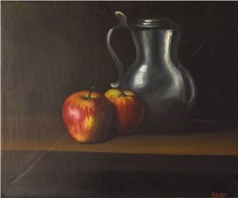 Still life of a pewter jug and two apples - Ramon Soler Liro