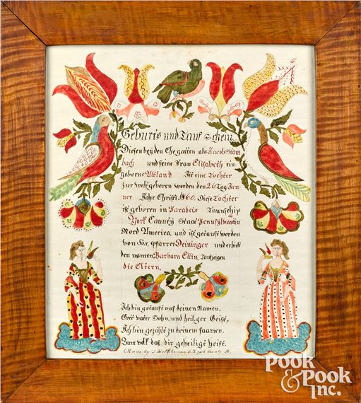 York County  fraktur birth certificate for Barbara Ellin Stambach by Daniel Peterman, 1860