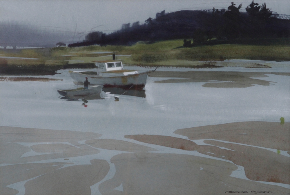George Shedd | marine scene of man in skiff at lobster boat in harbor ...