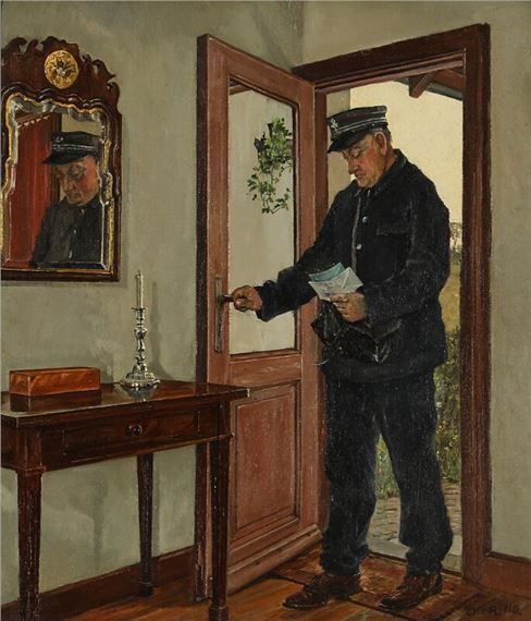 Ole Ring | A mailman with letters coming through a doorway | MutualArt