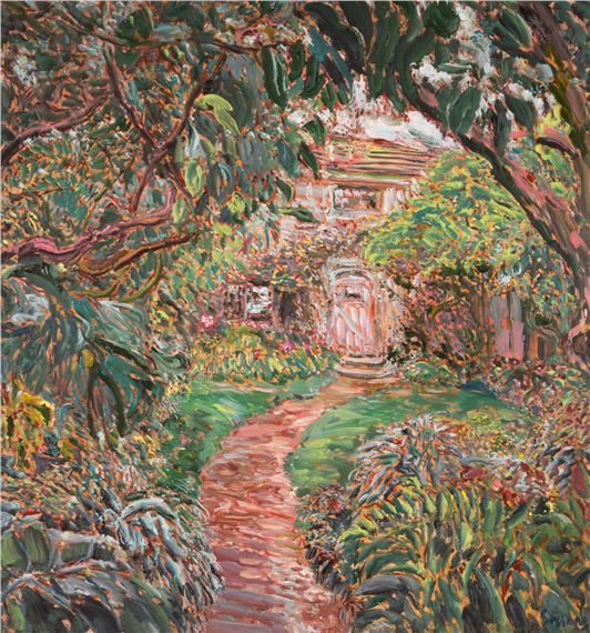 "Casa a Malibu," flower garden with trees and house by Marco Sassone
