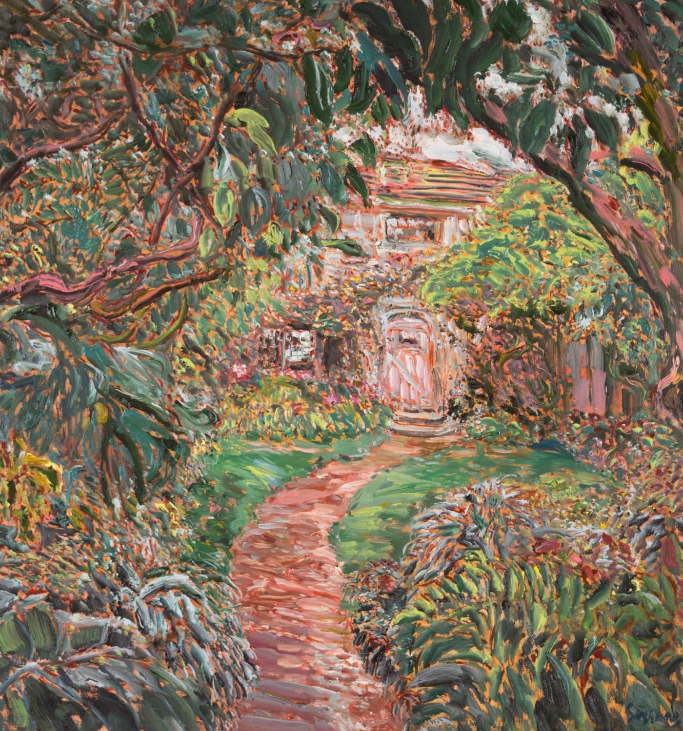 Artwork by Marco Sassone, "Casa a Malibu," flower garden with trees and house, Made of oil on canvas