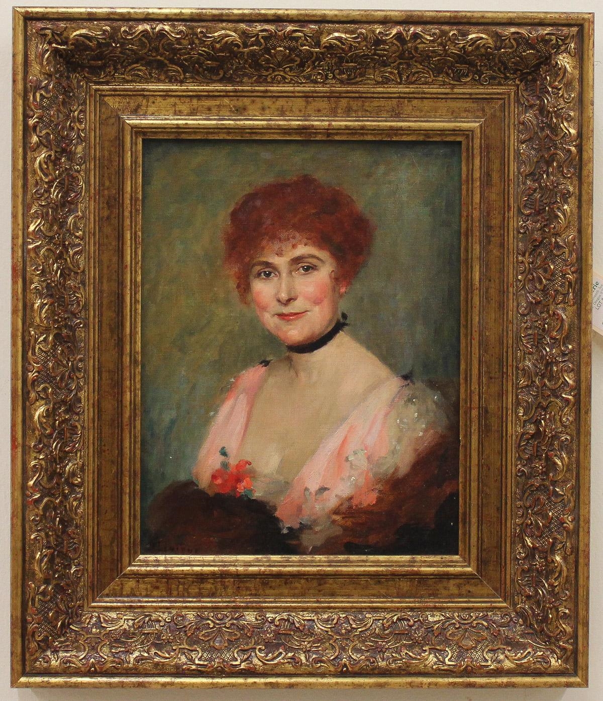 Artwork by Andree Lenique de Francheville, portrait of a woman in pink dress, Made of oil on canvas