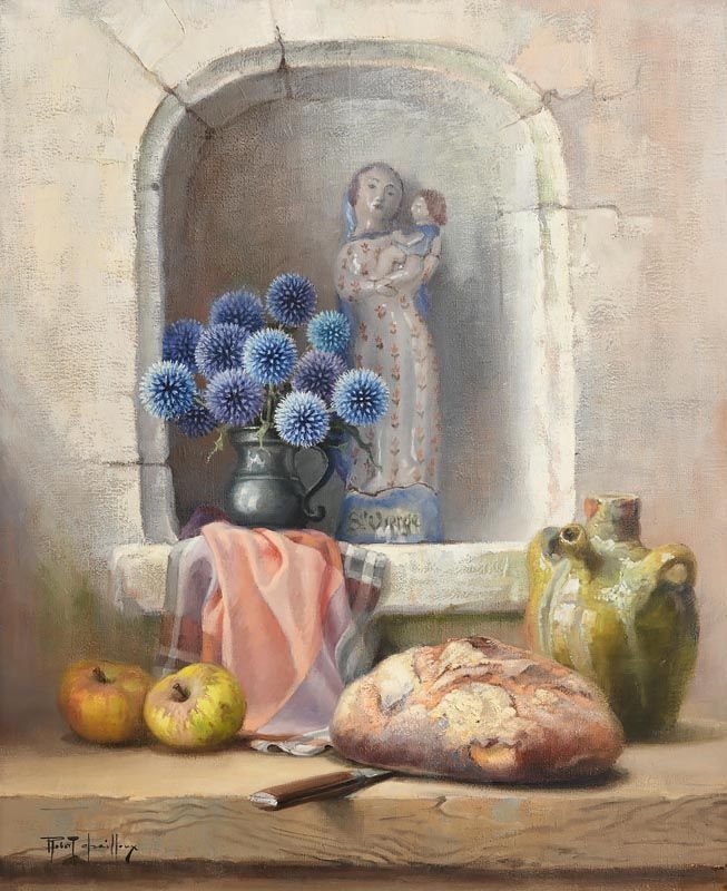 Artwork by Robert Chailloux, Still Life - Pewter Jug of Thistles with Bread (1991), Made of oil on canvas