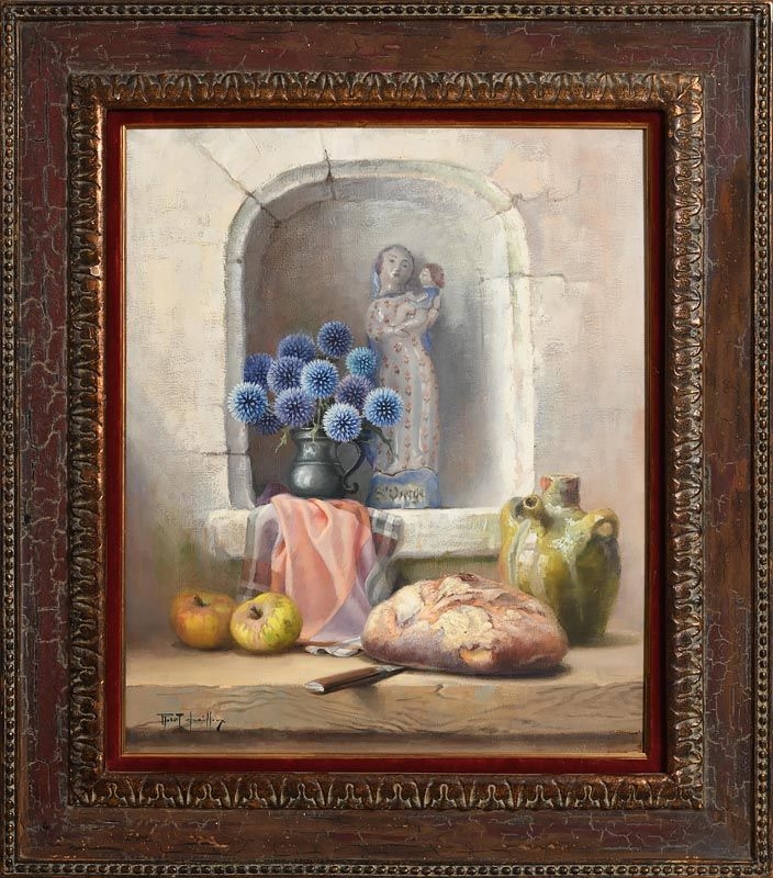 Artwork by Robert Chailloux, Still Life - Pewter Jug of Thistles with Bread (1991), Made of oil on canvas