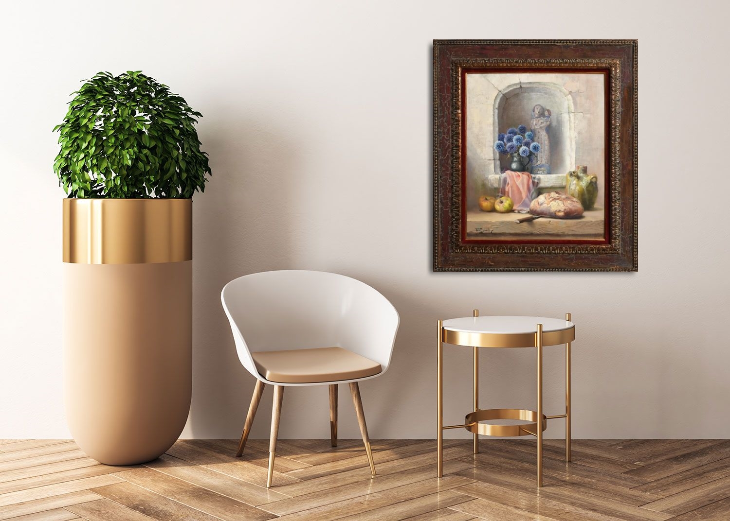 Artwork by Robert Chailloux, Still Life - Pewter Jug of Thistles with Bread (1991), Made of oil on canvas