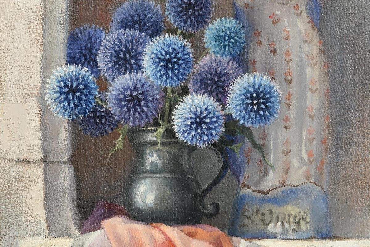 Artwork by Robert Chailloux, Still Life - Pewter Jug of Thistles with Bread (1991), Made of oil on canvas
