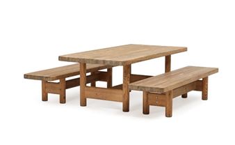 A solid pine dining table and a pair of benches - Knud Friis