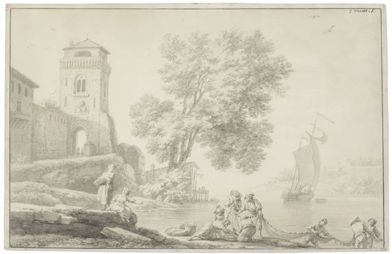 A harbor scene with fishermen pushing a boat in the water; Fisherfolk on the shore pulling in a net near the entrance of a town by Claude-Joseph Vernet