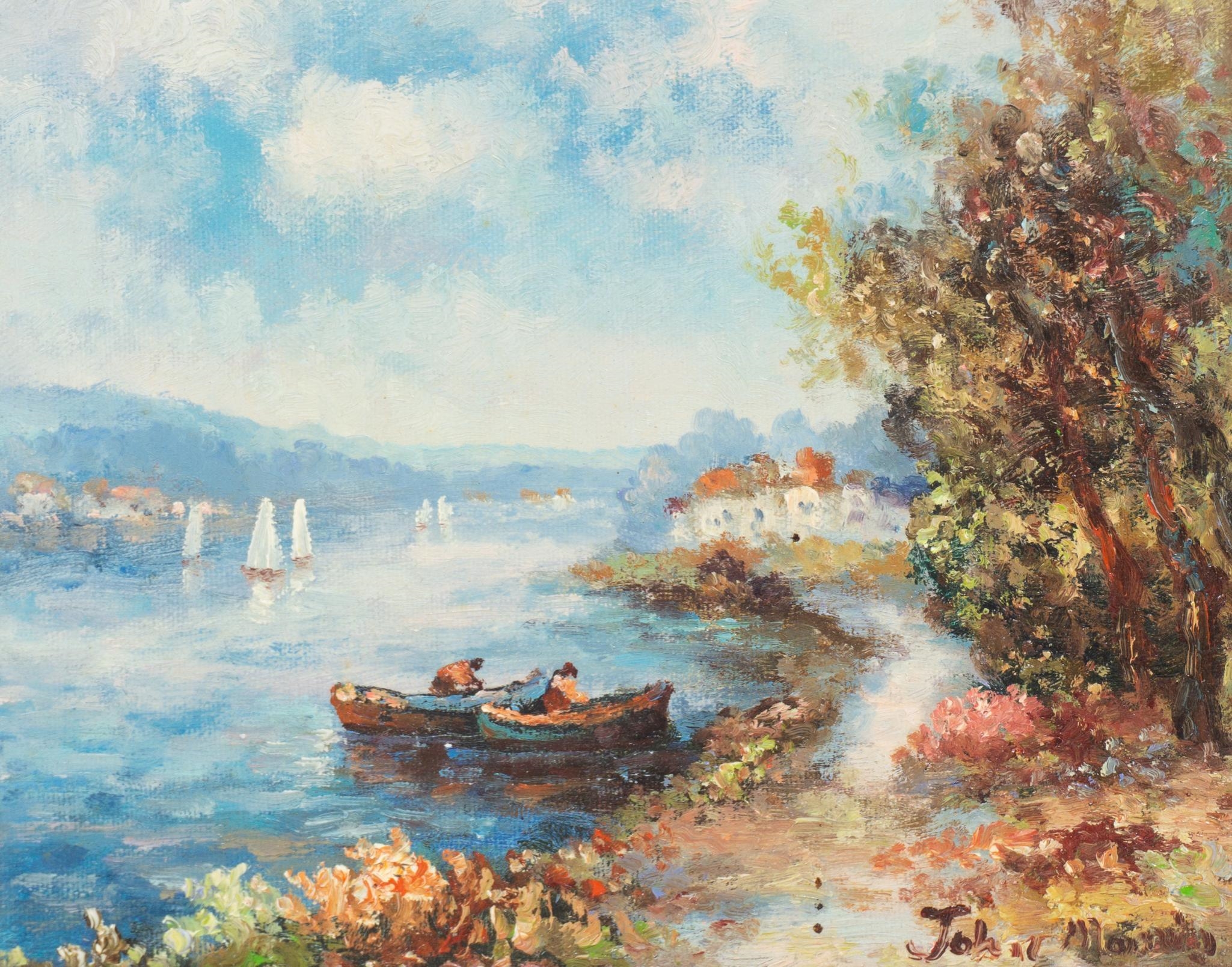 John Ford Clymer landscape with boats and village (1932) MutualArt