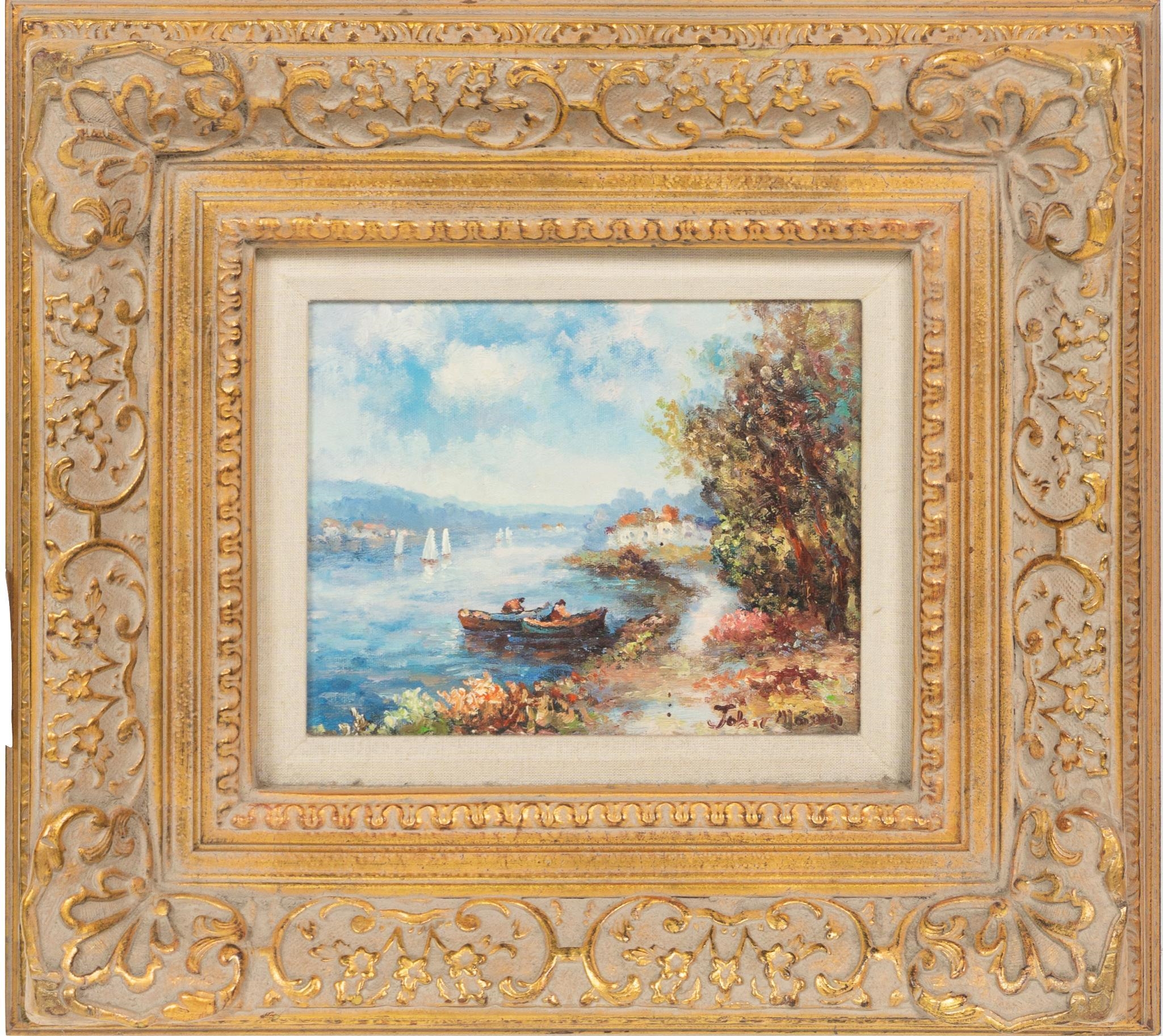 John Ford Clymer landscape with boats and village (1932) MutualArt