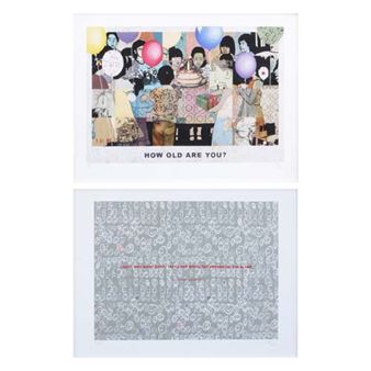 A two-panel artwork featuring a colorful collage of figures and balloons above a textured grey patterned surface.
