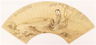 COURTESANS IN LANDSCAPE FAN PAINTING - Pei Fen