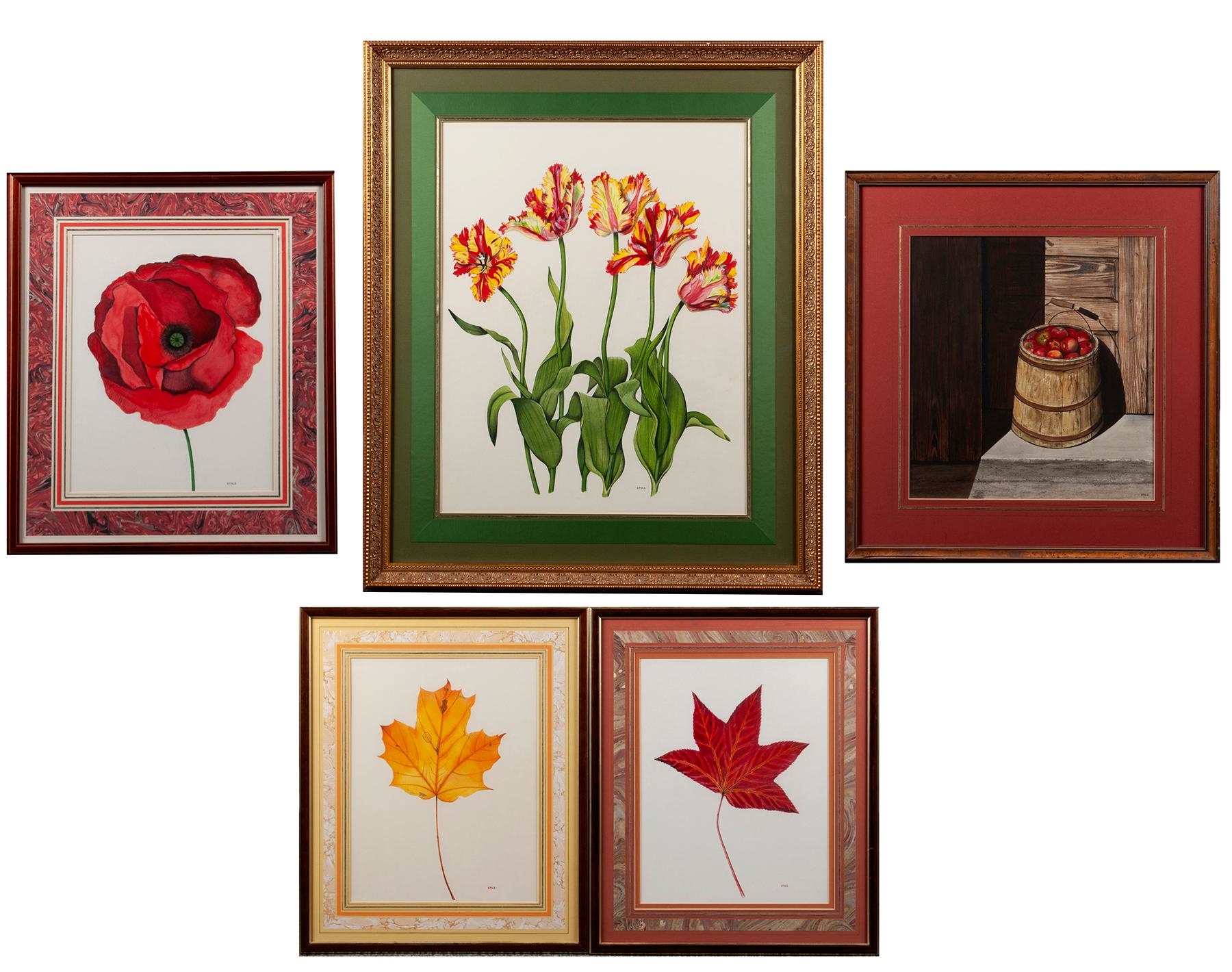 Artwork by Robert Stolz, Four botanical illustrations, each matted behind glass and framed, with one additional painting in acrylic of an apple barrel, Made of Colored pencil on paper