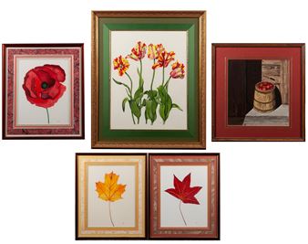 Four botanical illustrations, each matted behind glass and framed, with one additional painting in acrylic of an apple barrel - Robert Stolz