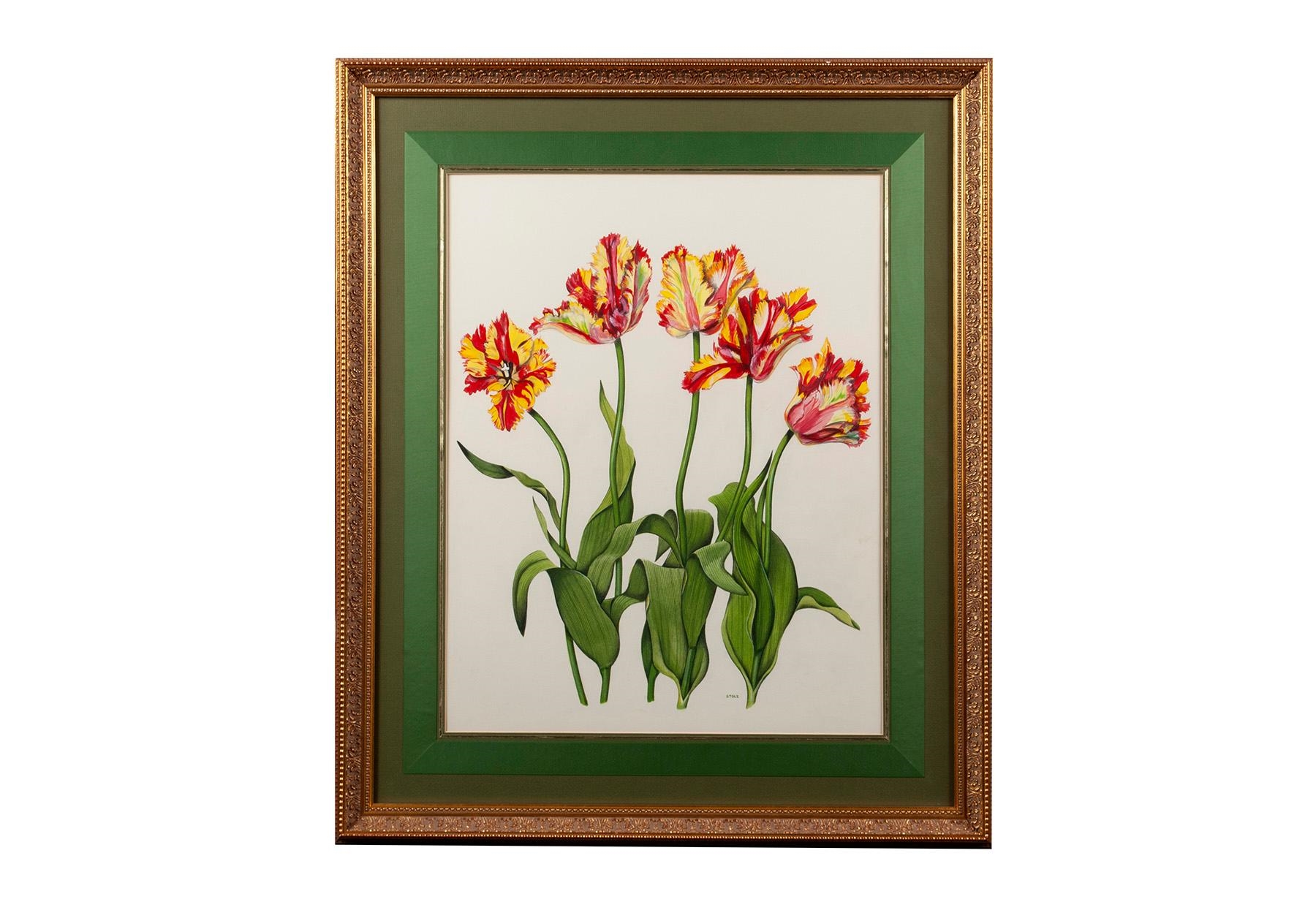 Artwork by Robert Stolz, Four botanical illustrations, each matted behind glass and framed, with one additional painting in acrylic of an apple barrel, Made of Colored pencil on paper