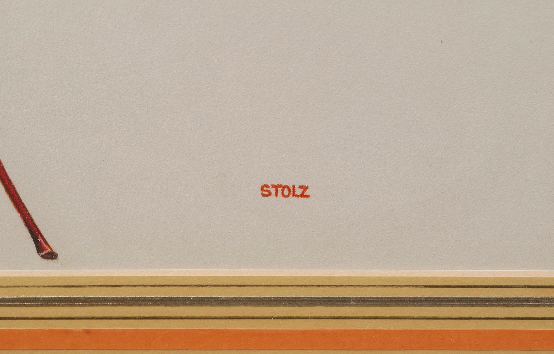 Artwork by Robert Stolz, Four botanical illustrations, each matted behind glass and framed, with one additional painting in acrylic of an apple barrel, Made of Colored pencil on paper