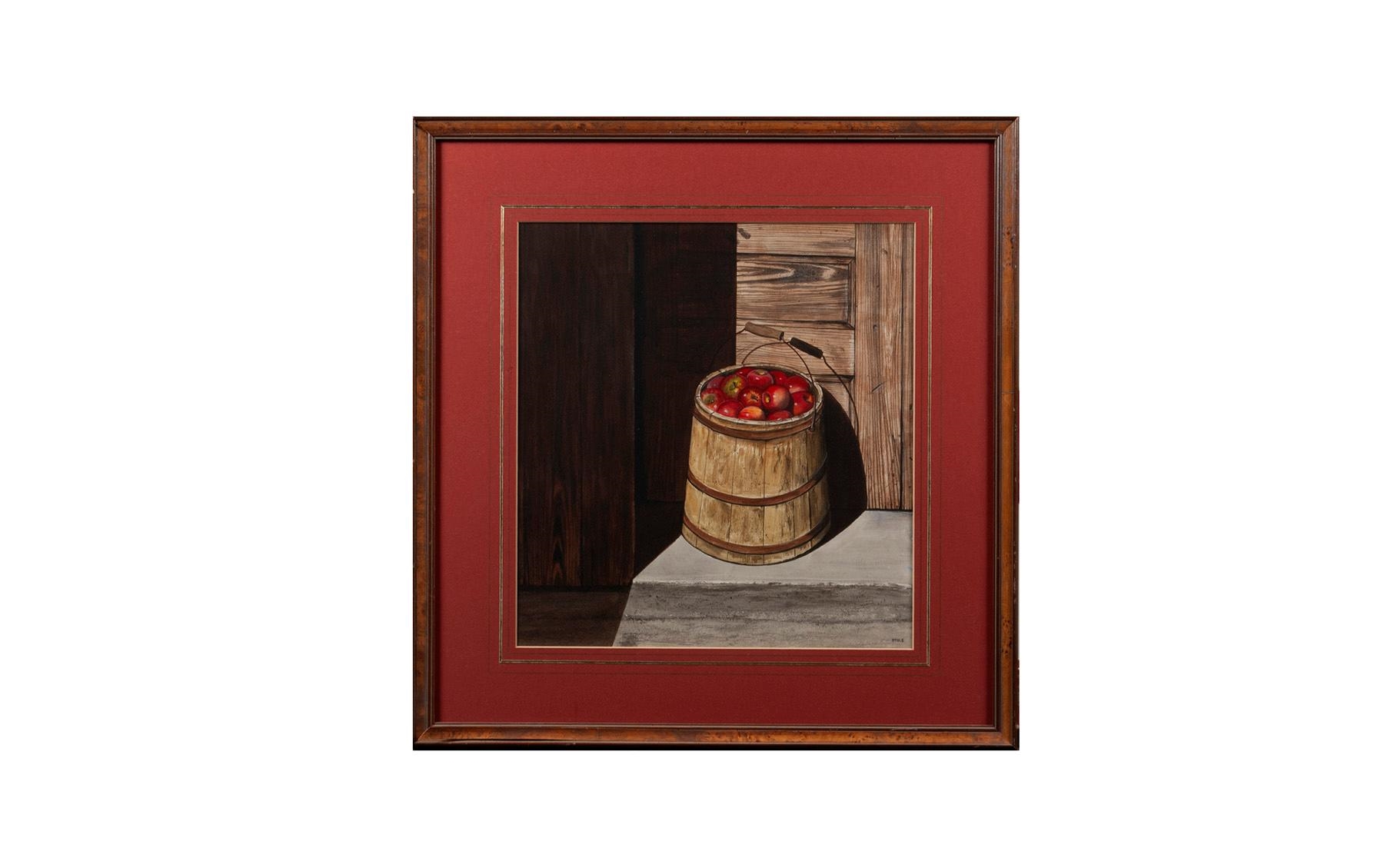 Artwork by Robert Stolz, Four botanical illustrations, each matted behind glass and framed, with one additional painting in acrylic of an apple barrel, Made of Colored pencil on paper