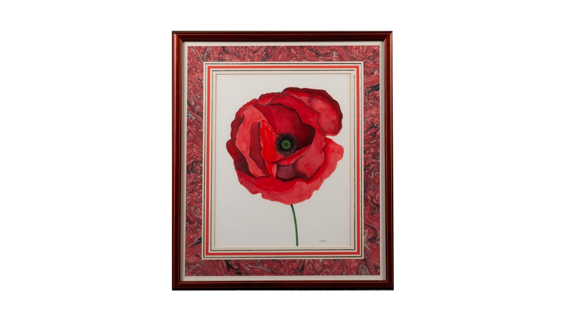 Artwork by Robert Stolz, Four botanical illustrations, each matted behind glass and framed, with one additional painting in acrylic of an apple barrel, Made of Colored pencil on paper