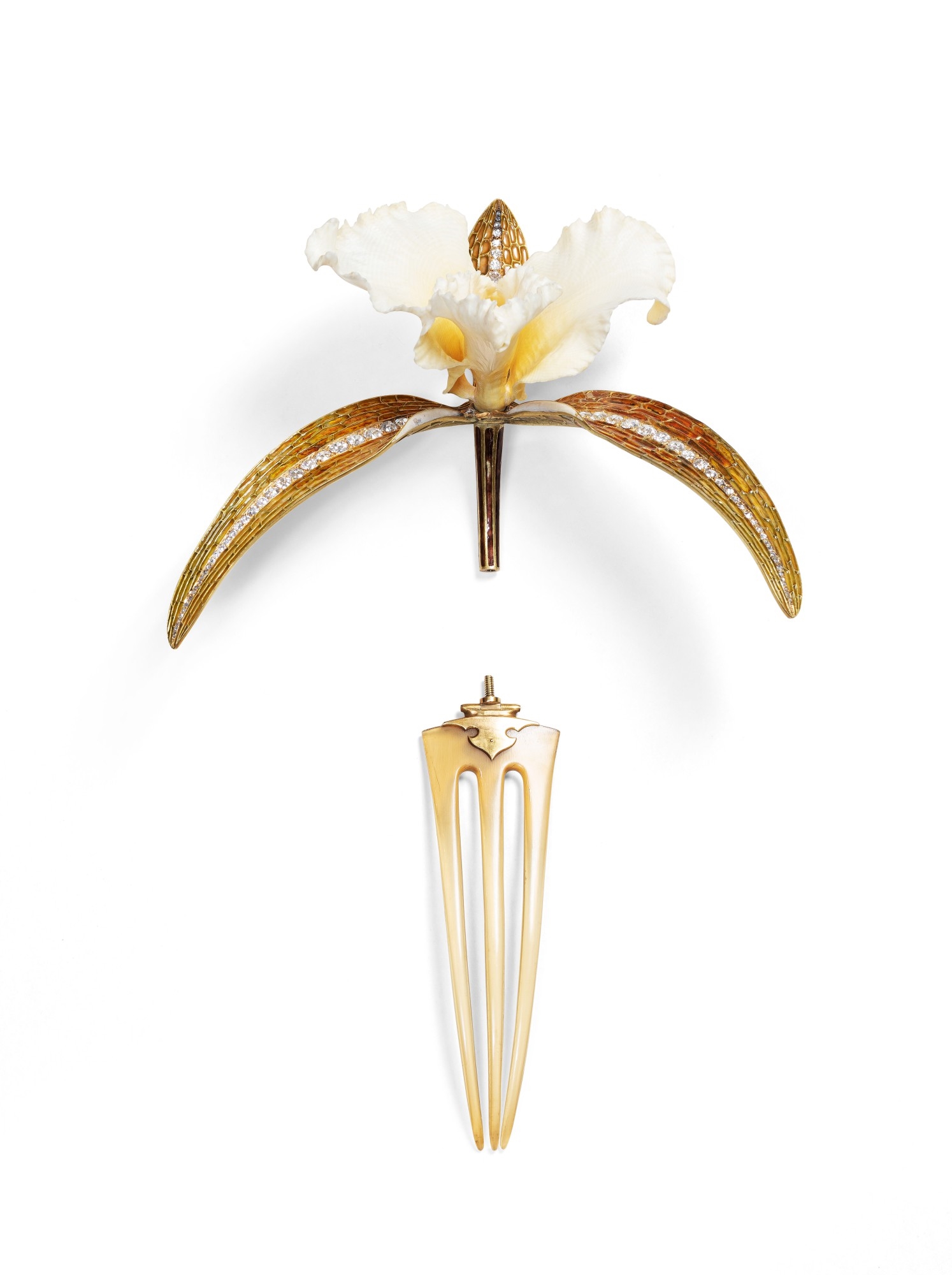 Artwork by René Lalique, Ivory, horn, enamel and diamond comb, 'Cattleya', Made of Ivory, horn, enamel and diamond